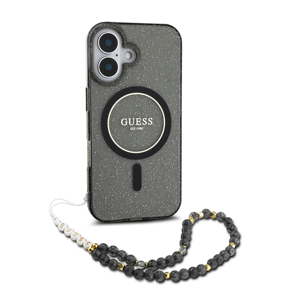 Apple iPhone 16 Plus Kılıf Guess Orjinal Lisanslı Magsafe Şarj Özellikli Simli Silikon İnci Bileklikli Kapak Pembe