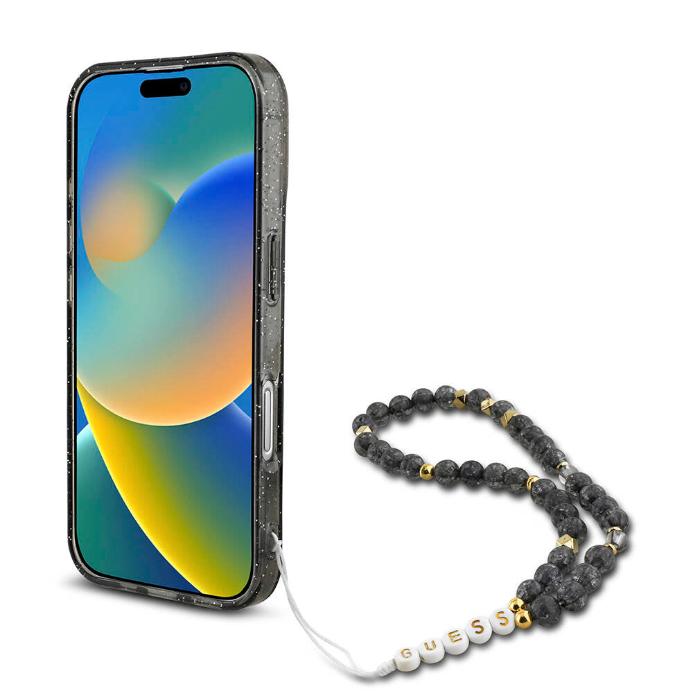 Apple iPhone 16 Plus Kılıf Guess Orjinal Lisanslı Magsafe Şarj Özellikli Simli Silikon İnci Bileklikli Kapak Şeffaf