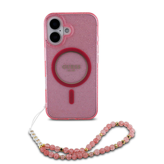 Apple iPhone 16 Plus Kılıf Guess Orjinal Lisanslı Magsafe Şarj Özellikli Simli Silikon İnci Bileklikli Kapak Pembe