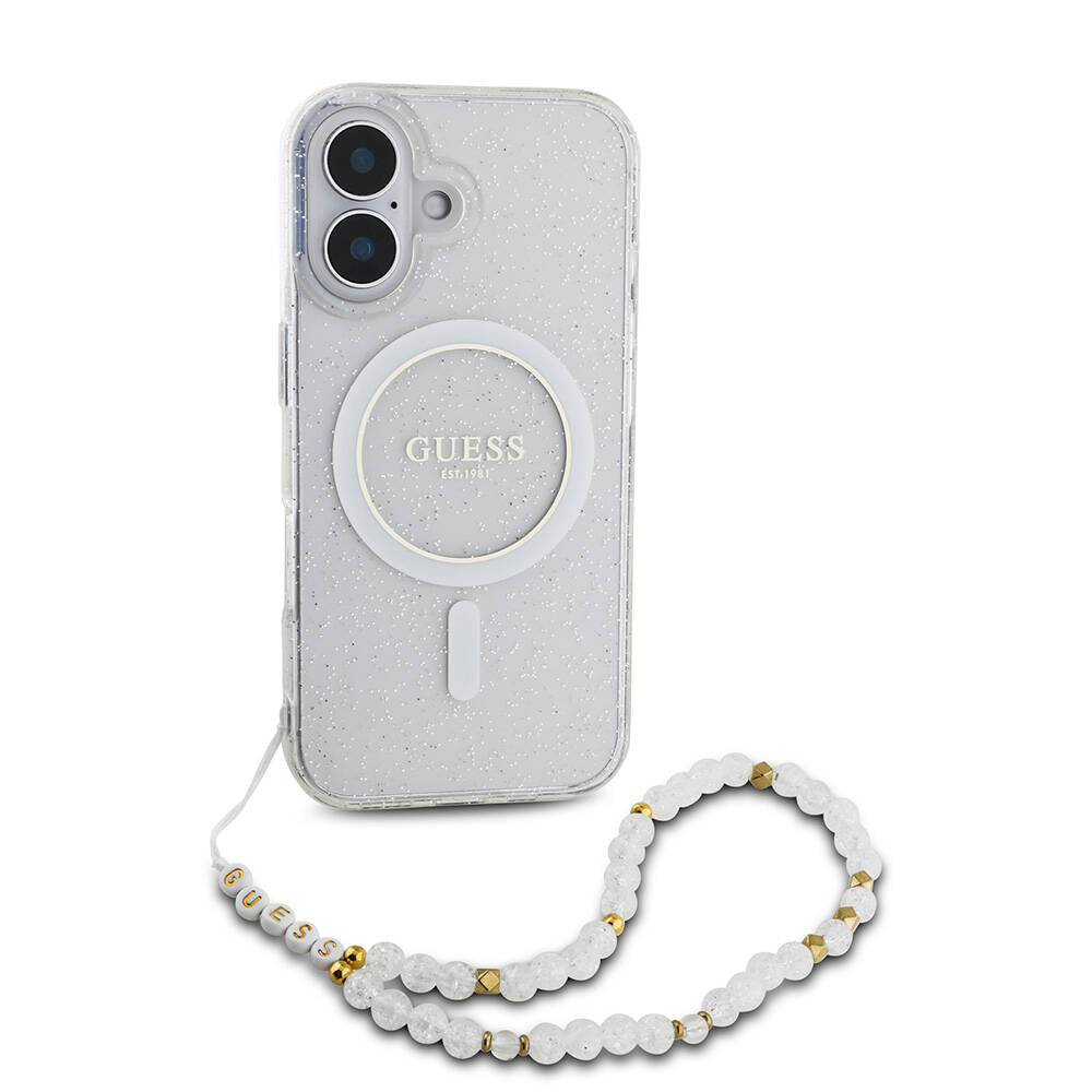 Apple iPhone 16 Plus Kılıf Guess Orjinal Lisanslı Magsafe Şarj Özellikli Simli Silikon İnci Bileklikli Kapak Siyah