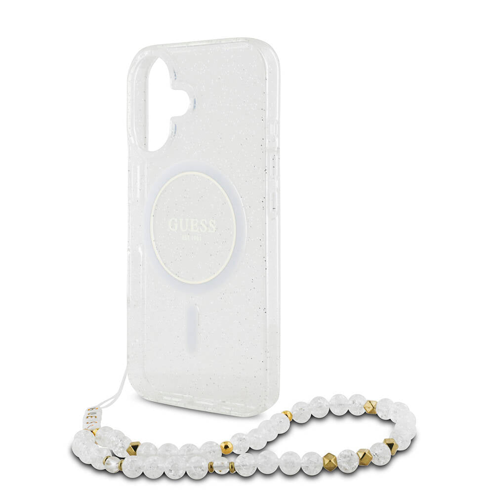 Apple iPhone 16 Plus Kılıf Guess Orjinal Lisanslı Magsafe Şarj Özellikli Simli Silikon İnci Bileklikli Kapak Pembe