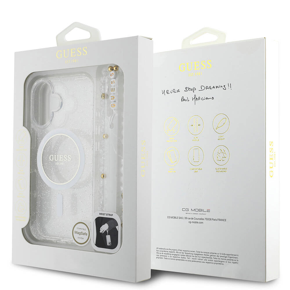 Apple iPhone 16 Plus Kılıf Guess Orjinal Lisanslı Magsafe Şarj Özellikli Simli Silikon İnci Bileklikli Kapak Pembe