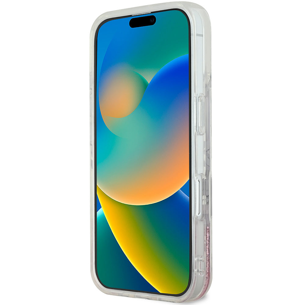 Apple iPhone 16 Plus Kılıf Guess Orjinal Lisanslı Magsafe Şarj Özellikli Sıvılı Simli Çiçek Desenli Kapak Bej