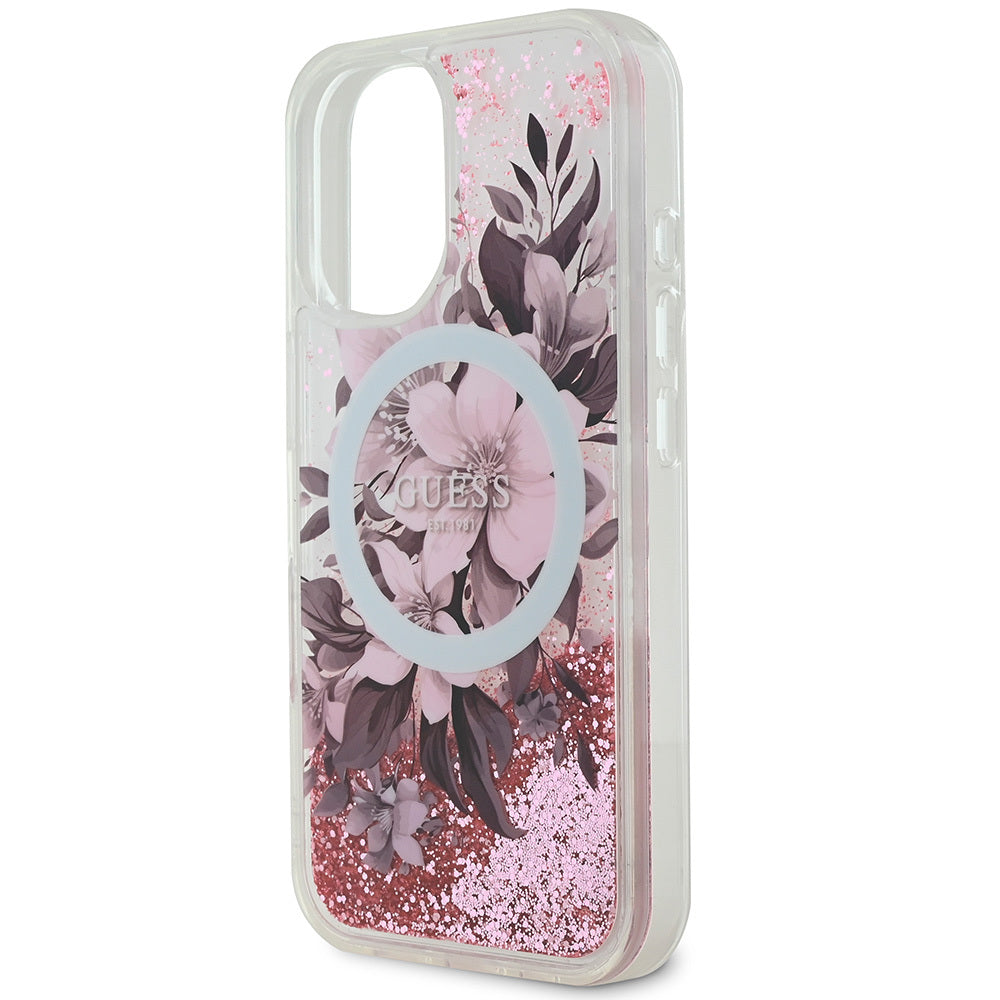 Apple iPhone 16 Plus Kılıf Guess Orjinal Lisanslı Magsafe Şarj Özellikli Sıvılı Simli Çiçek Desenli Kapak Pembe