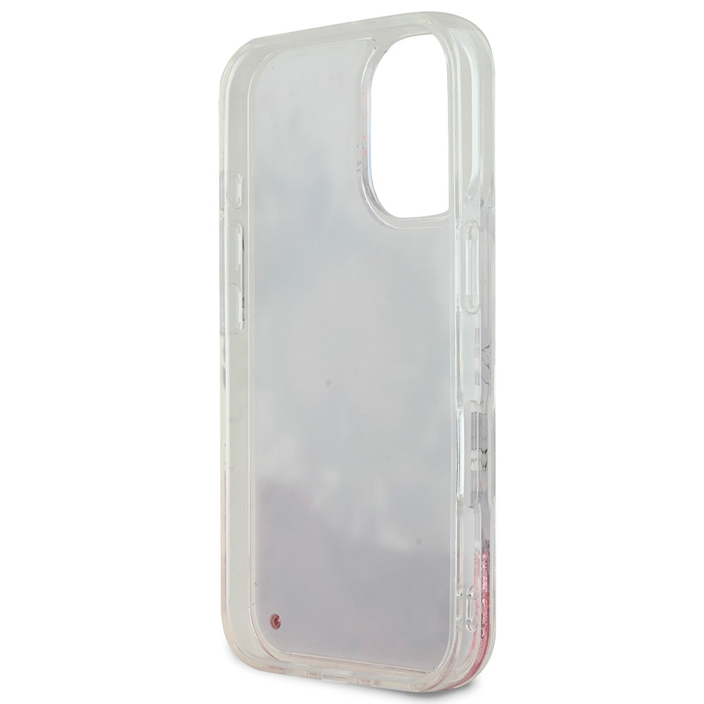 Apple iPhone 16 Plus Kılıf Guess Orjinal Lisanslı Magsafe Şarj Özellikli Sıvılı Simli Çiçek Desenli Kapak Bej