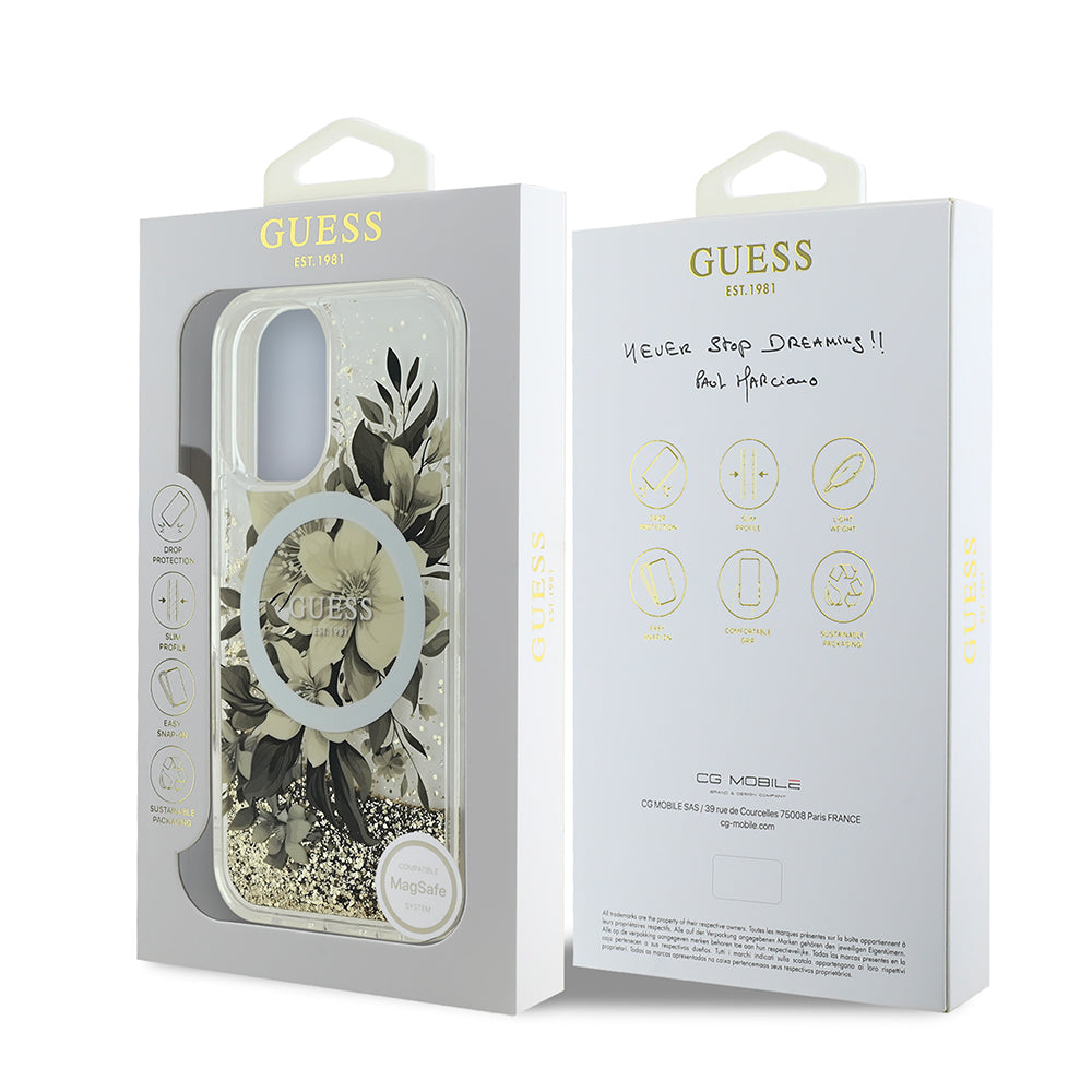 Apple iPhone 16 Plus Kılıf Guess Orjinal Lisanslı Magsafe Şarj Özellikli Sıvılı Simli Çiçek Desenli Kapak Pembe