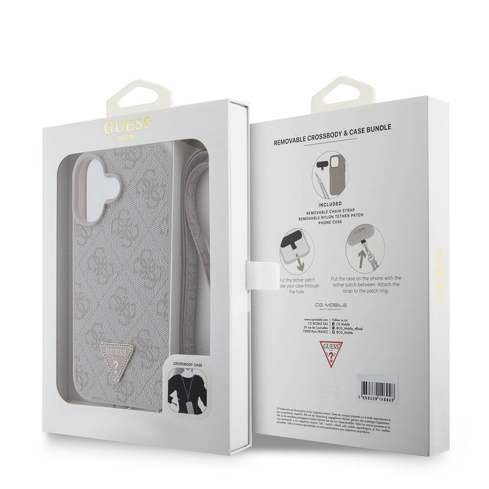 Apple iPhone 16 Plus Kılıf Guess Orjinal Lisanslı PU Deri Taşlı Metal Üçgen Logolu Çapraz Vücut Askılı 4G Desenli Kapak Siyah