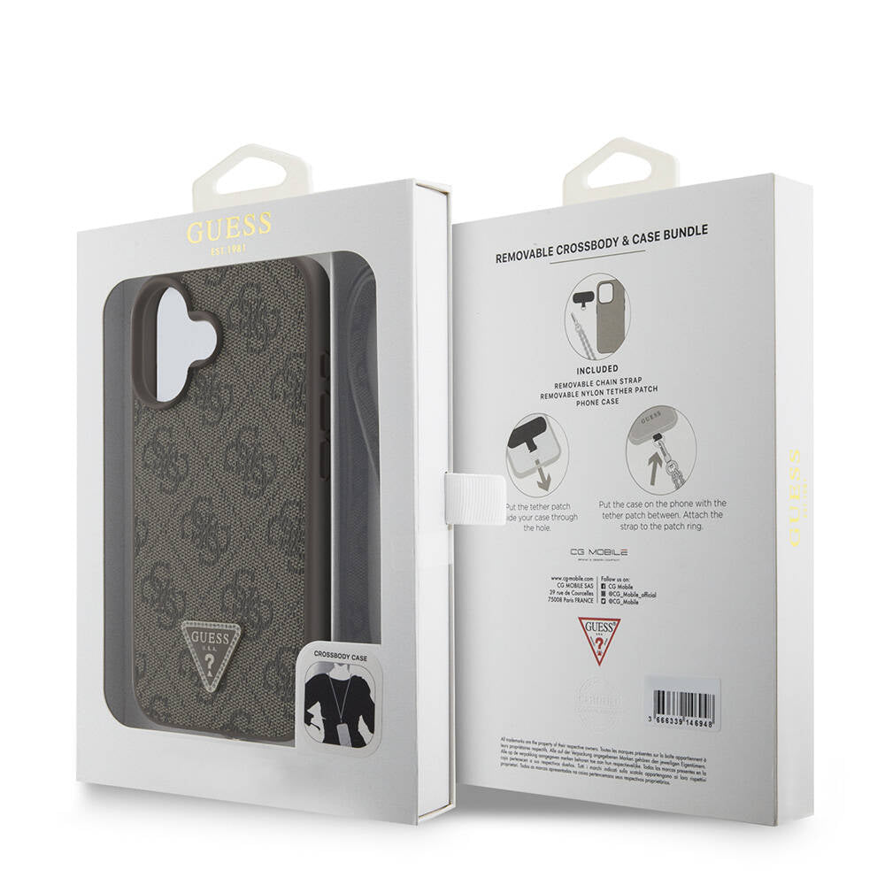 Apple iPhone 16 Plus Kılıf Guess Orjinal Lisanslı PU Deri Taşlı Metal Üçgen Logolu Çapraz Vücut Askılı 4G Desenli Kapak Siyah