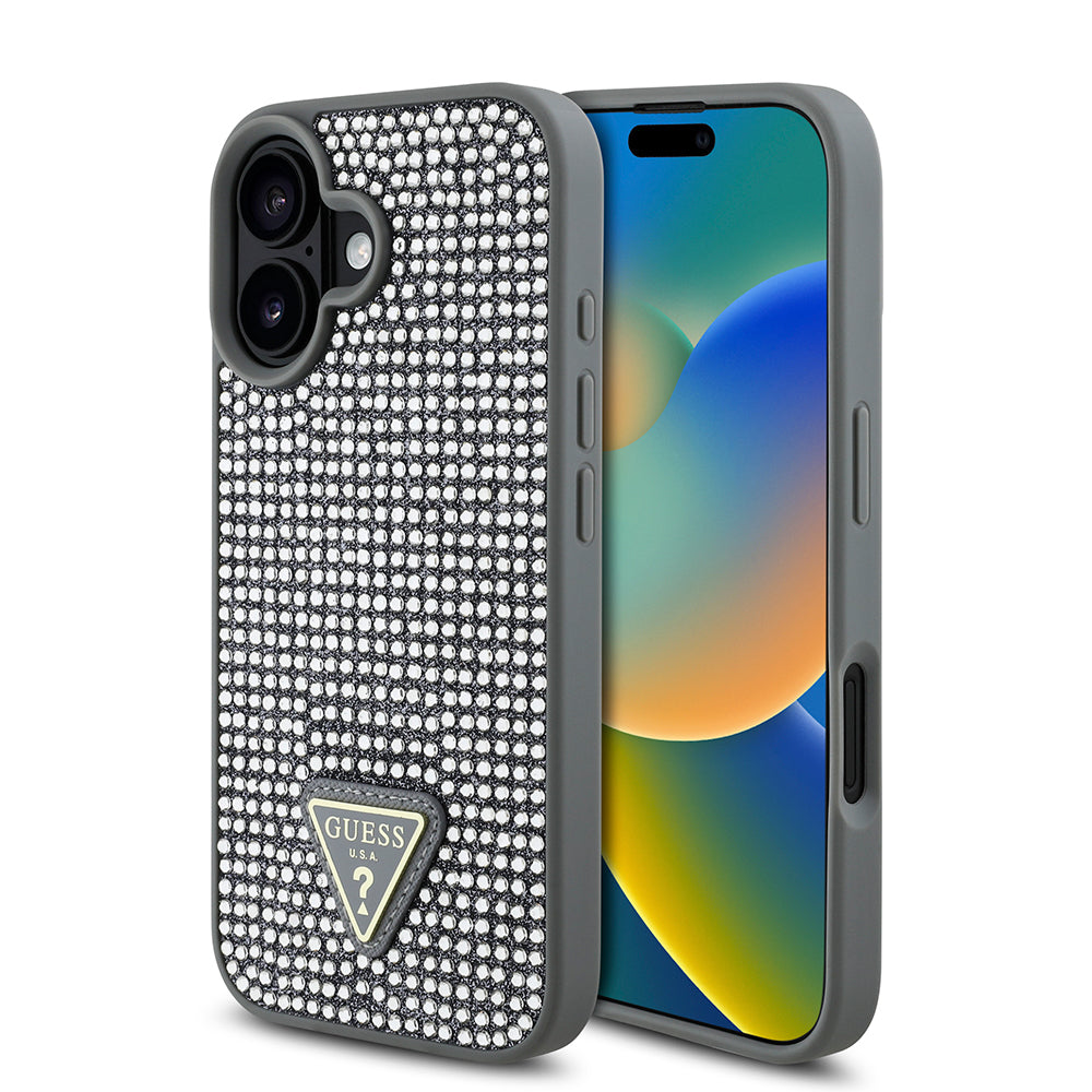 Apple iPhone 16 Plus Kılıf Guess Orjinal Lisanslı Taşlı Arka Yüzey Üçgen Logolu Kapak Siyah