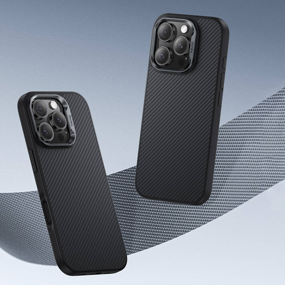 Apple iPhone 16 Plus Kılıf Karbon Fiber Magsafe Şarj Özellikli Benks Hybrid ArmorPro 600D Kevlar Kapak Siyah