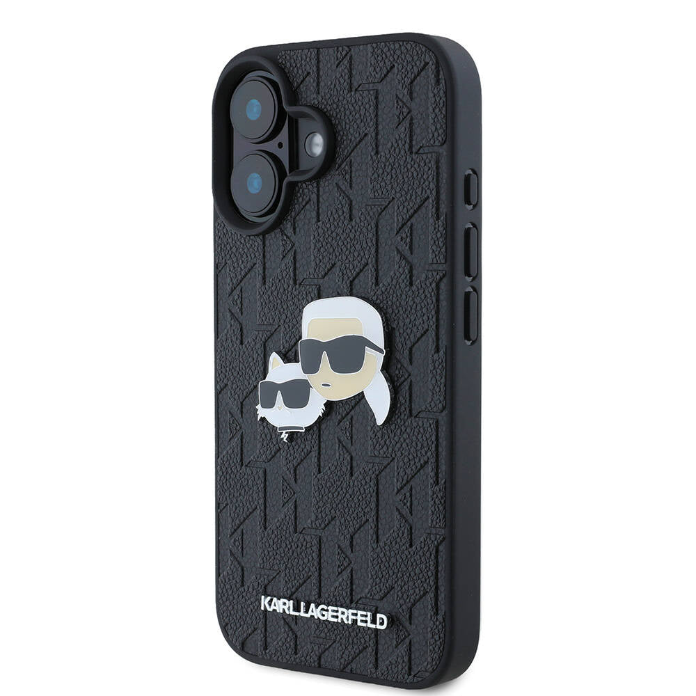 Apple iPhone 16 Plus Kılıf Karl Lagerfeld Orjinal Lisanslı K&C Heads Monogram Pin Kapak Siyah