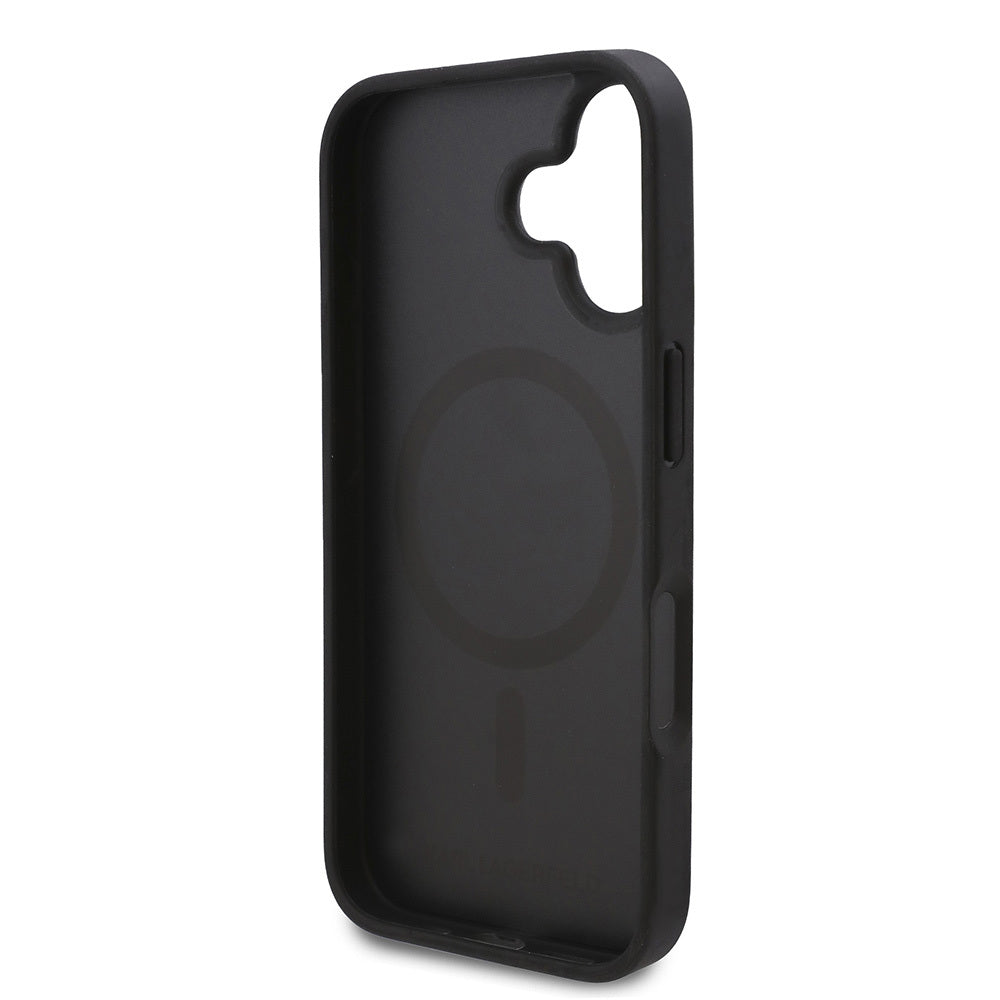 Apple iPhone 16 Plus Kılıf Karl Lagerfeld Orjinal Lisanslı Magsafe Şarj Özellikli KL Yazılı Hot Stamp Kapak Siyah