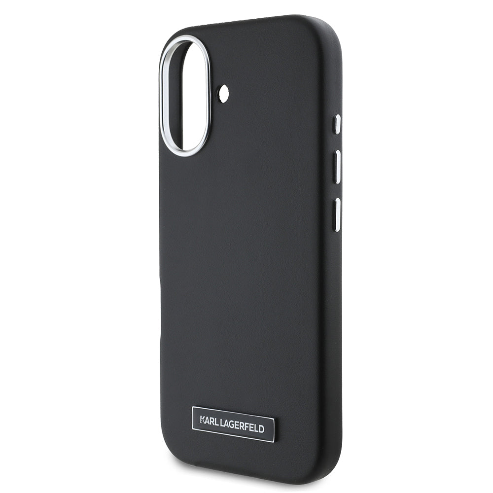 Apple iPhone 16 Plus Kılıf Karl Lagerfeld Orjinal Lisanslı Magsafe Şarj Özellikli Metal Kamera ve Buton Tasarımlı Plaka Logolu PU Deri Kapak Siyah