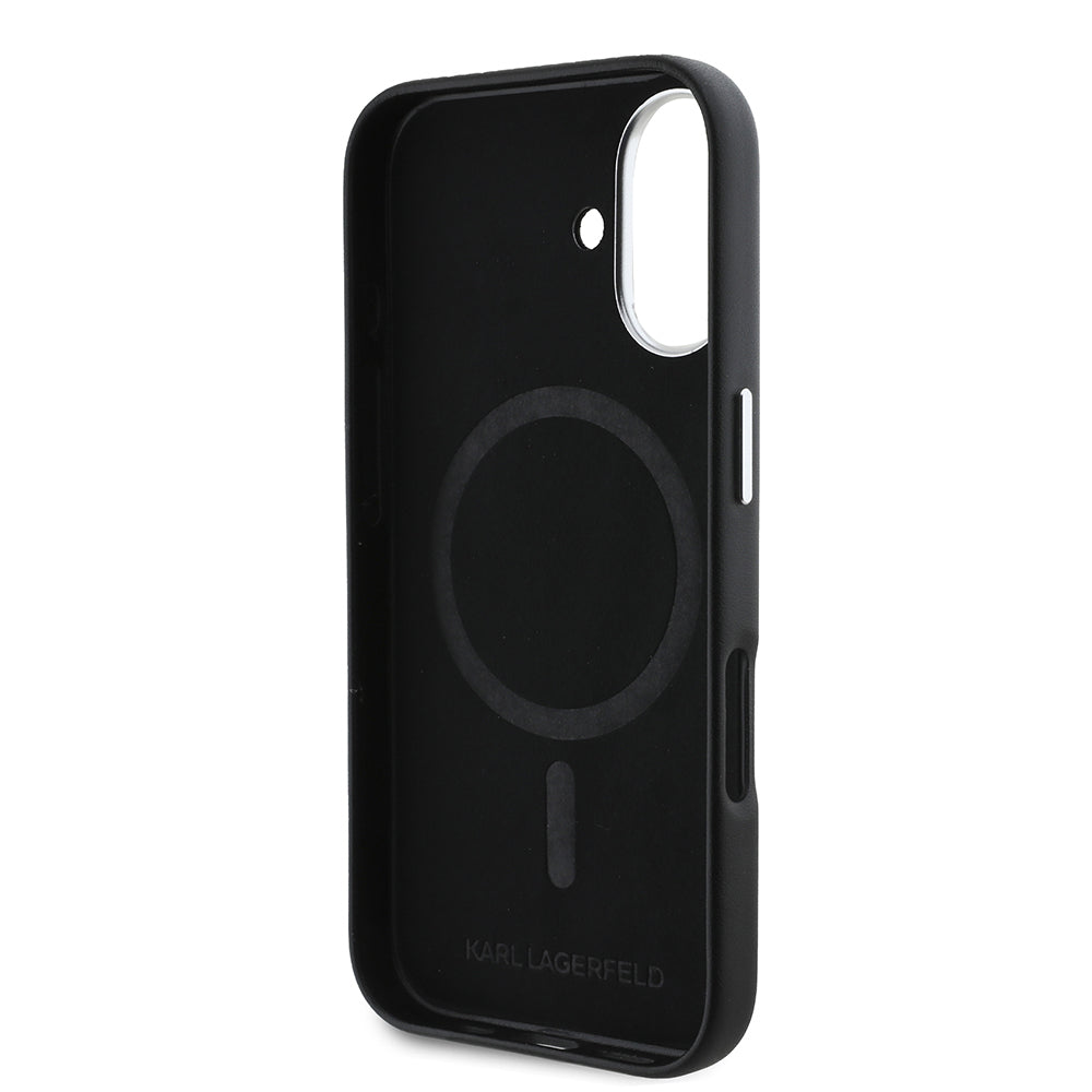 Apple iPhone 16 Plus Kılıf Karl Lagerfeld Orjinal Lisanslı Magsafe Şarj Özellikli Metal Kamera ve Buton Tasarımlı Plaka Logolu PU Deri Kapak Siyah