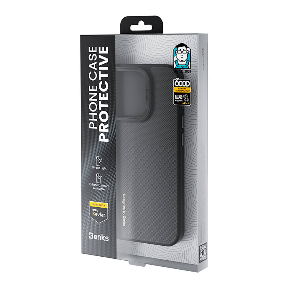 Apple iPhone 16 Plus Kılıf Magsafe Şarj Özellikli Karbon Fiber Benks Montage Hybrid ArmorPro Kevlar Kapak Siyah