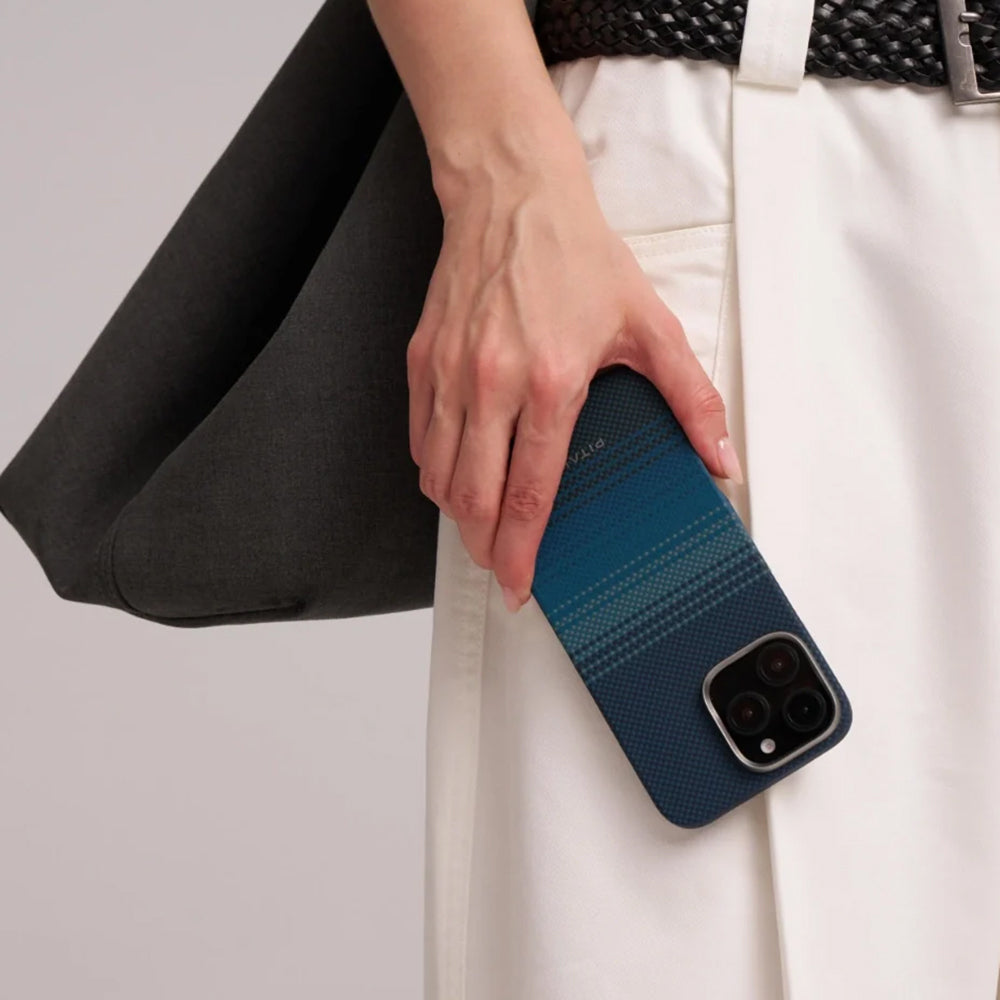 Apple iPhone 16 Plus Kılıf Magsafe Şarj Özellikli Aramid Fiber Pitaka Tactile Woven Sunset-Moonrise Serisi Moonrise Kapak Mavi