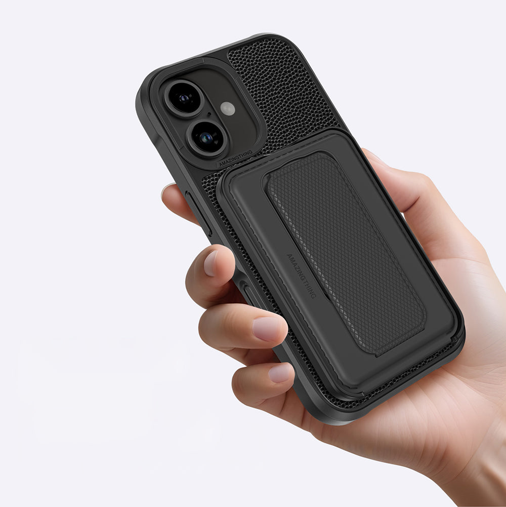 Apple iPhone 16 Plus Kılıf Magsafe Şarj Özellikli Standlı Kartlıklı Set Amazinghing Glamour Luxe Serisi Kapak Siyah