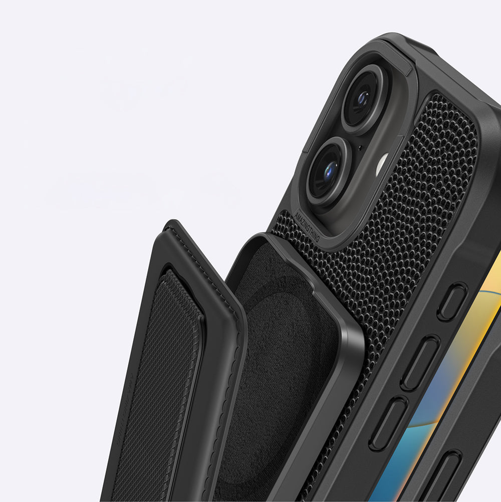 Apple iPhone 16 Plus Kılıf Magsafe Şarj Özellikli Standlı Kartlıklı Set Amazinghing Glamour Luxe Serisi Kapak Siyah