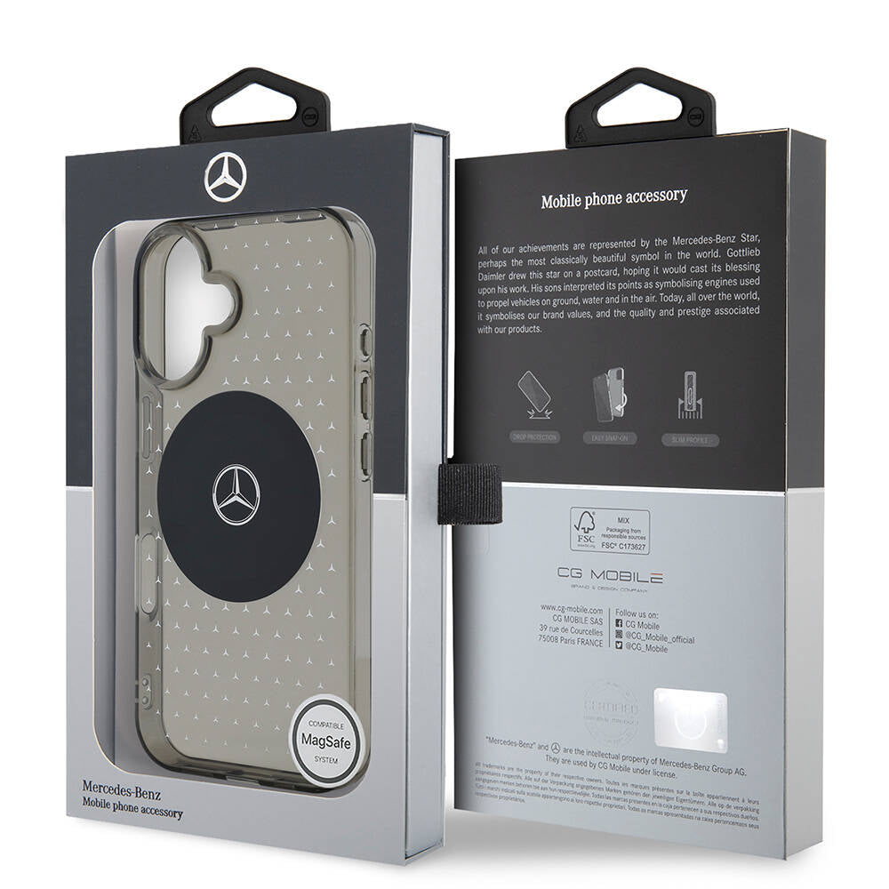 Apple iPhone 16 Plus Kılıf Mercedes Benz Orjinal Lisanslı Magsafe Şarj Özellikli Yıldız Desenli Transparan Kapak Siyah