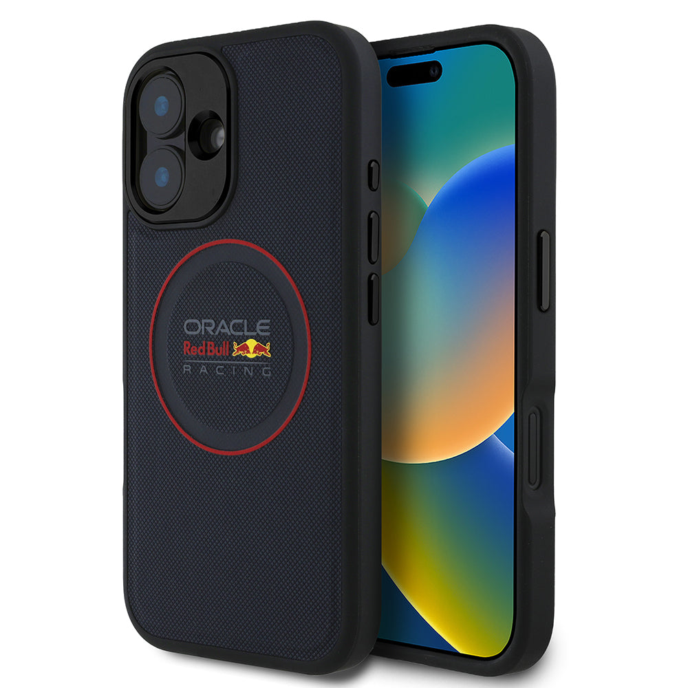 Apple iPhone 16 Plus Kılıf Redbull Orjinal Lisanslı M-safe Şarj Özellikli Kırmızı Halka ve Logo Kabartmalı PU Deri Kapak Lacivert