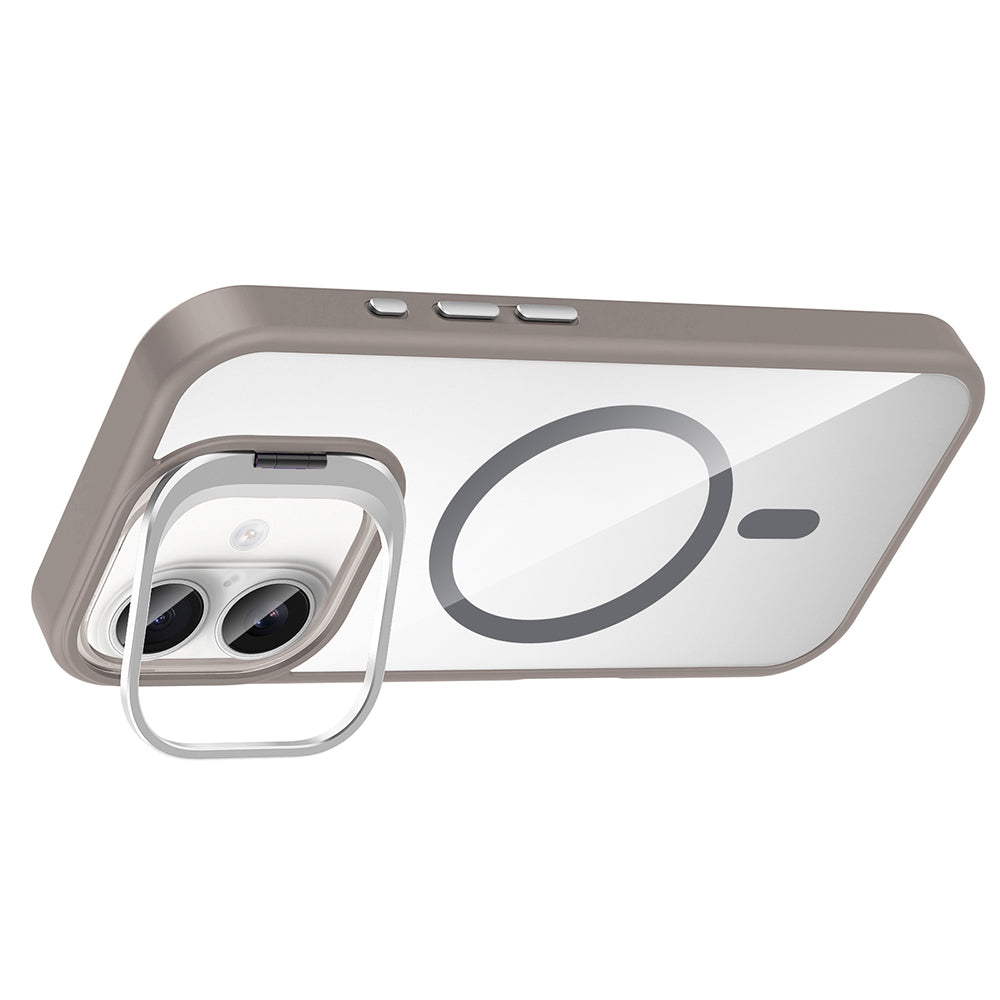 Apple iPhone 16 Plus Kılıf Standlı ve Kamera Lens Hediyeli M-Safe Şarj Özellikli Zore Etro Kapak Gri