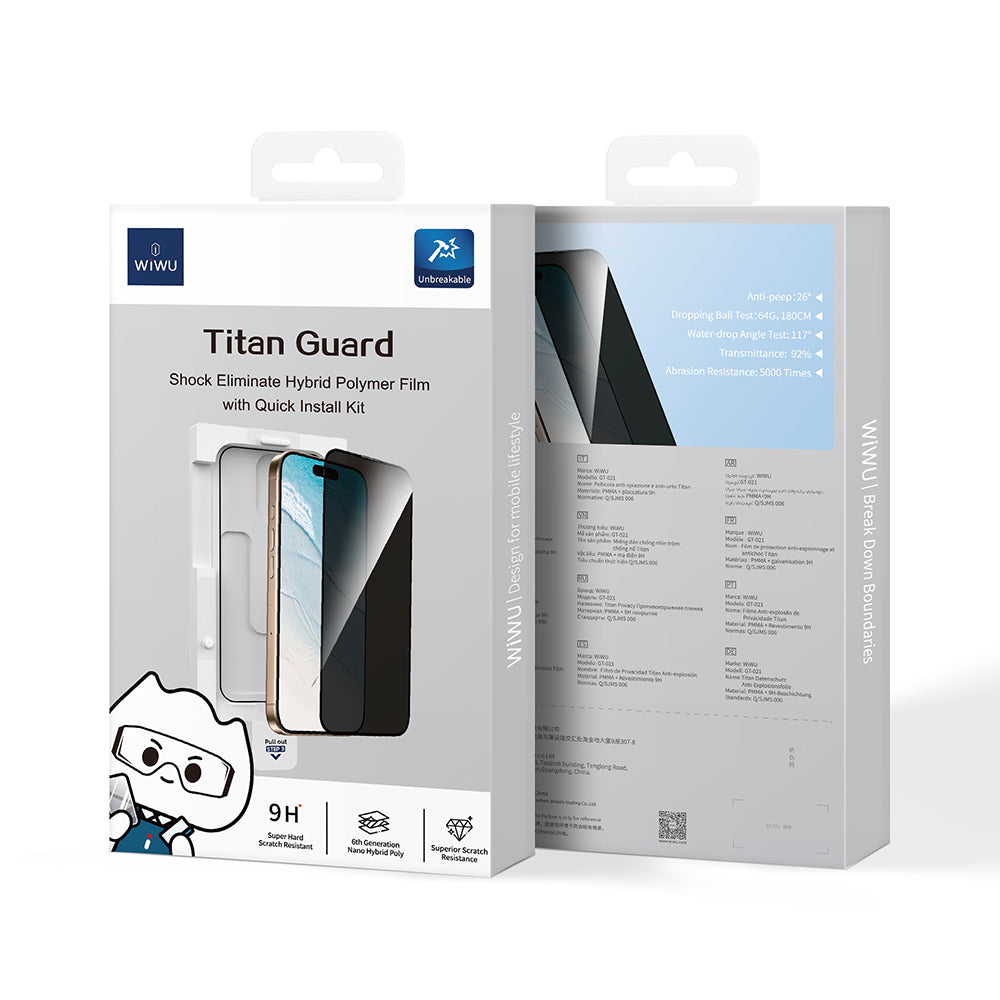 Apple iPhone 16 Plus Wiwu GT-021 Titan Guard Serisi Şok Emici Hibrit Polimer Privacy Ekran Koruyucu Film + Kolay Uygulama Aparatı Siyah