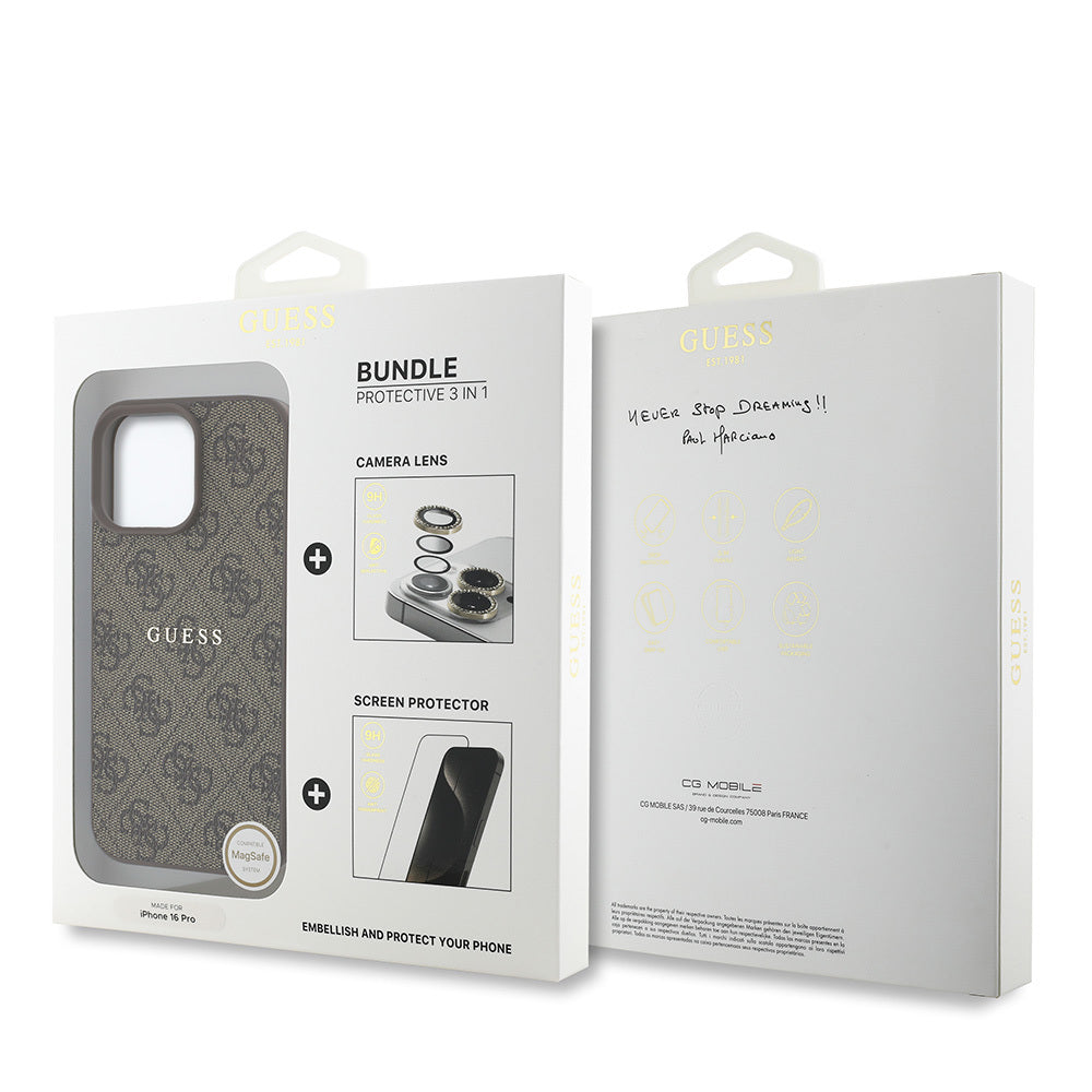 Apple iPhone 16 Pro Guess Orjinal Lisanslı Kılıf + Ekran Koruyucu + Lens Koruyucu 3in1 Aksesuar Seti Kahverengi