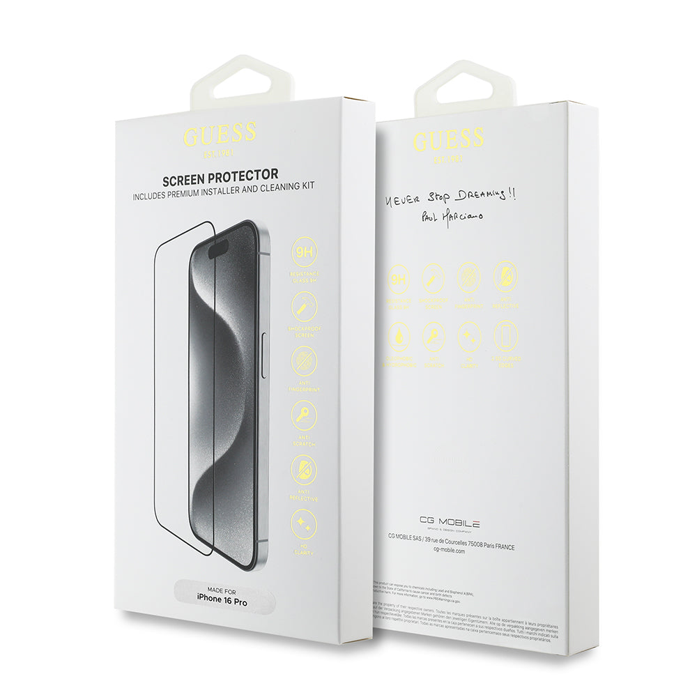 Apple iPhone 16 Pro Guess Orjinal Lisanslı Temperli Cam Ekran Koruyucu Uygulama Aparatlı Outline Serisi Siyah