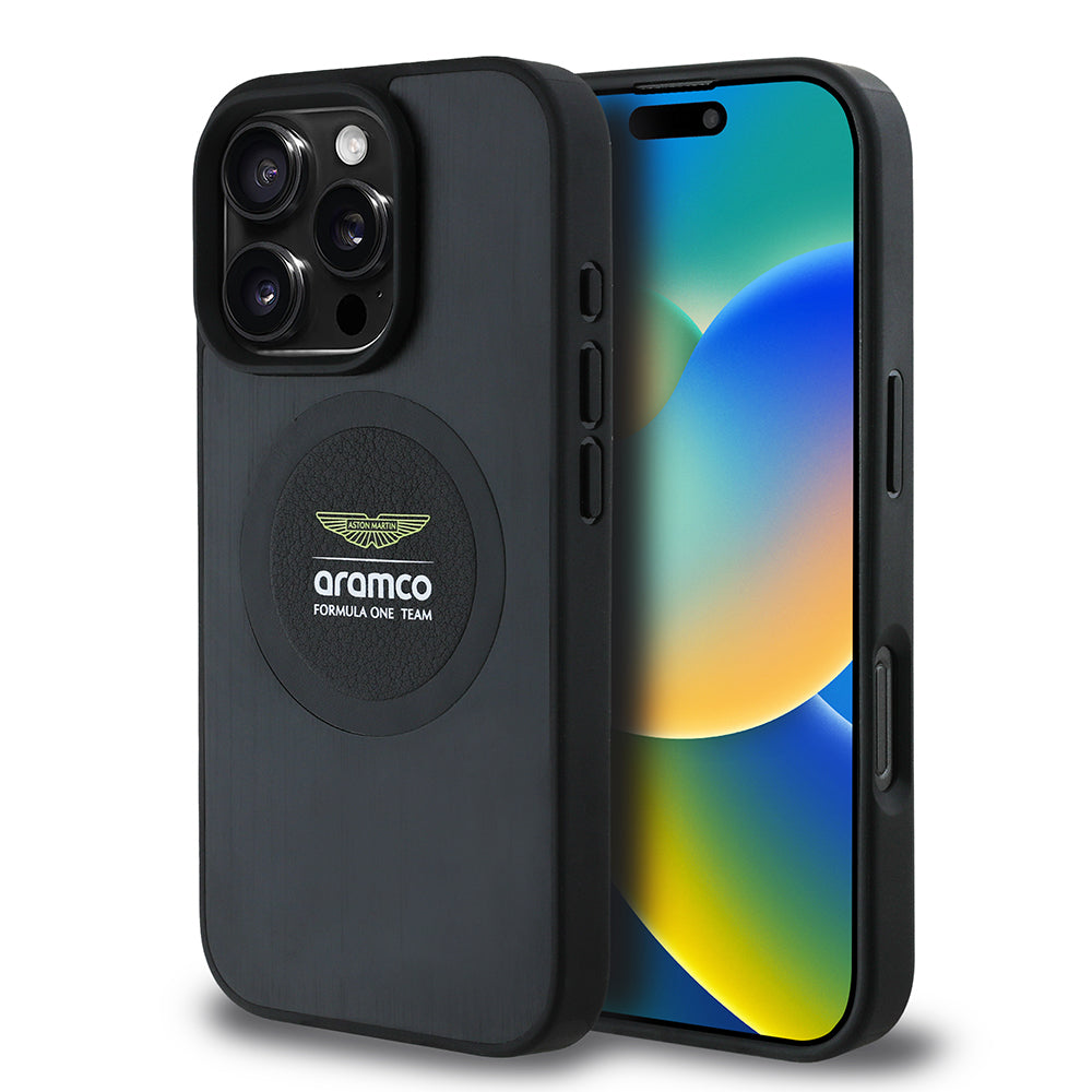 Apple iPhone 16 Pro Kılıf Aston Martin Orjinal Lisanslı M-safe Şarj Özellikli Aluminyum Arka Yüzeyli Formula One Team Baskılı Kapak Siyah
