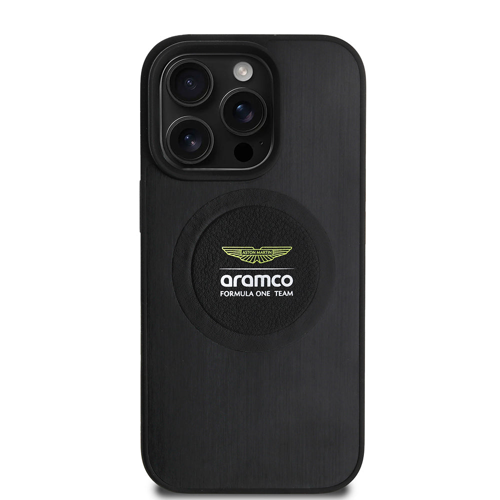 Apple iPhone 16 Pro Kılıf Aston Martin Orjinal Lisanslı M-safe Şarj Özellikli Aluminyum Arka Yüzeyli Formula One Team Baskılı Kapak Siyah