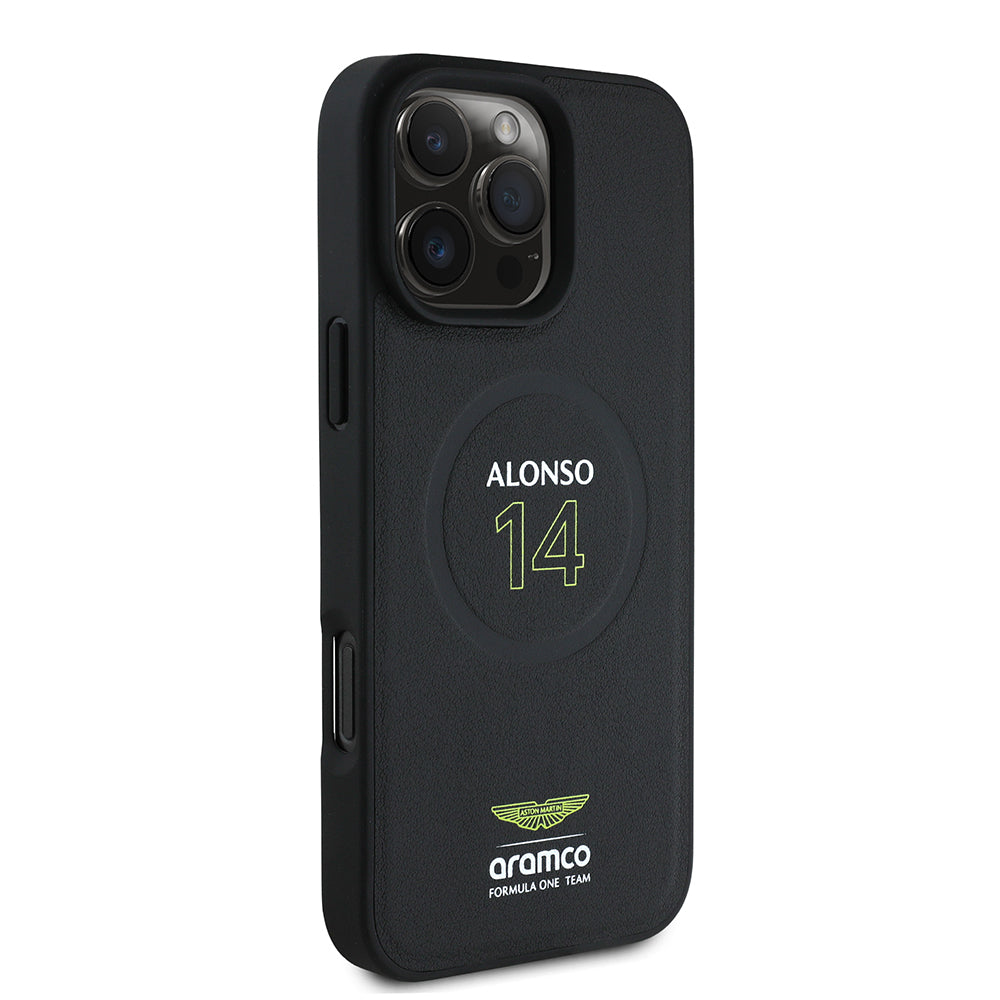 Apple iPhone 16 Pro Kılıf Aston Martin Orjinal Lisanslı M-safe Şarj Özellikli PU Deri Alonso 14 Baskılı Kapak Siyah