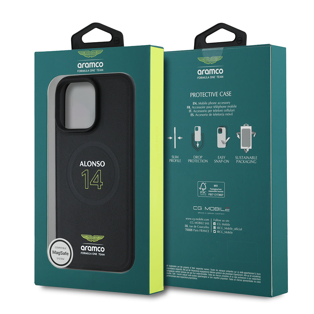 Apple iPhone 16 Pro Kılıf Aston Martin Orjinal Lisanslı M-safe Şarj Özellikli PU Deri Alonso 14 Baskılı Kapak Siyah