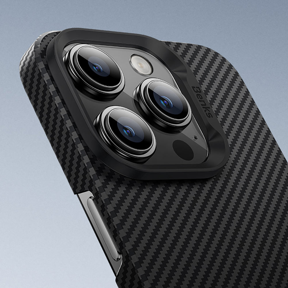 Apple iPhone 16 Pro Kılıf Benks M-safe Şarj Özellikli Metal Kamera Çerçeveli Magnetik ArmorAir 600D Kevlar Fiber Kapak Siyah