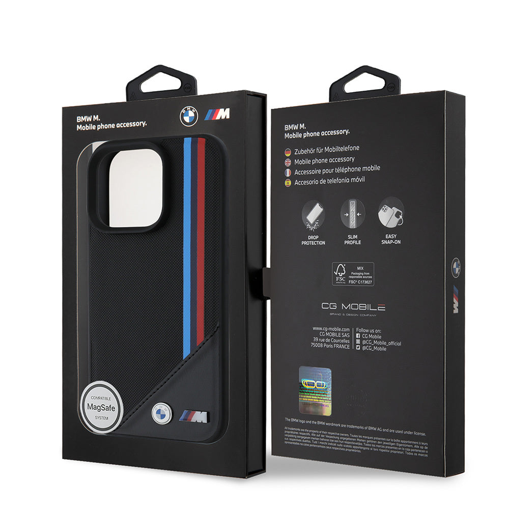 Apple iPhone 16 Pro Kılıf BMW Orjinal Lisanslı Magsafe Şarj Özellikli M Logolu Üç Çizgili Dikiş Detaylı Meshed Tricolor Stripes Kapak Siyah