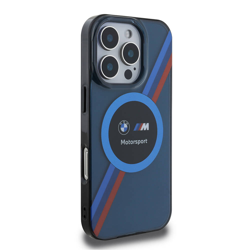 Apple iPhone 16 Pro Kılıf BMW Orjinal Lisanslı Magsafe Şarj Özellikli M Logolu Üç Renk Çizgili Motorsport Circle Kapak Siyah