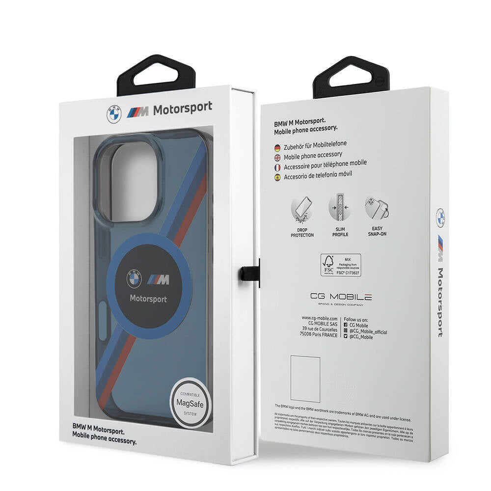 Apple iPhone 16 Pro Kılıf BMW Orjinal Lisanslı Magsafe Şarj Özellikli M Logolu Üç Renk Çizgili Motorsport Circle Kapak Lacivert
