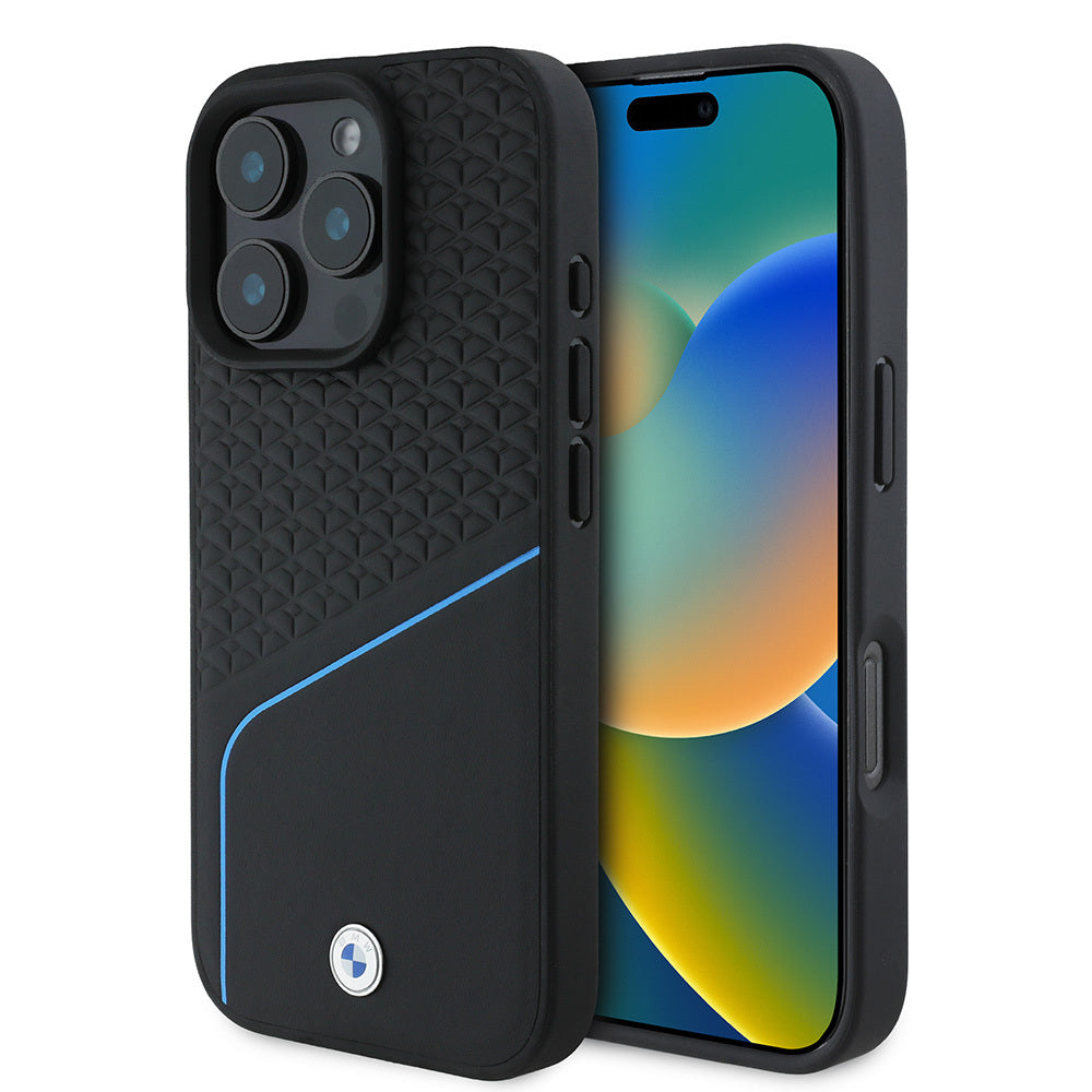 Apple iPhone 16 Pro Kılıf BMW Orjinal Lisanslı Magsafe Şarj Özellikli Metal Logolu Dokulu ve Çizgili Deri Kapak Gri