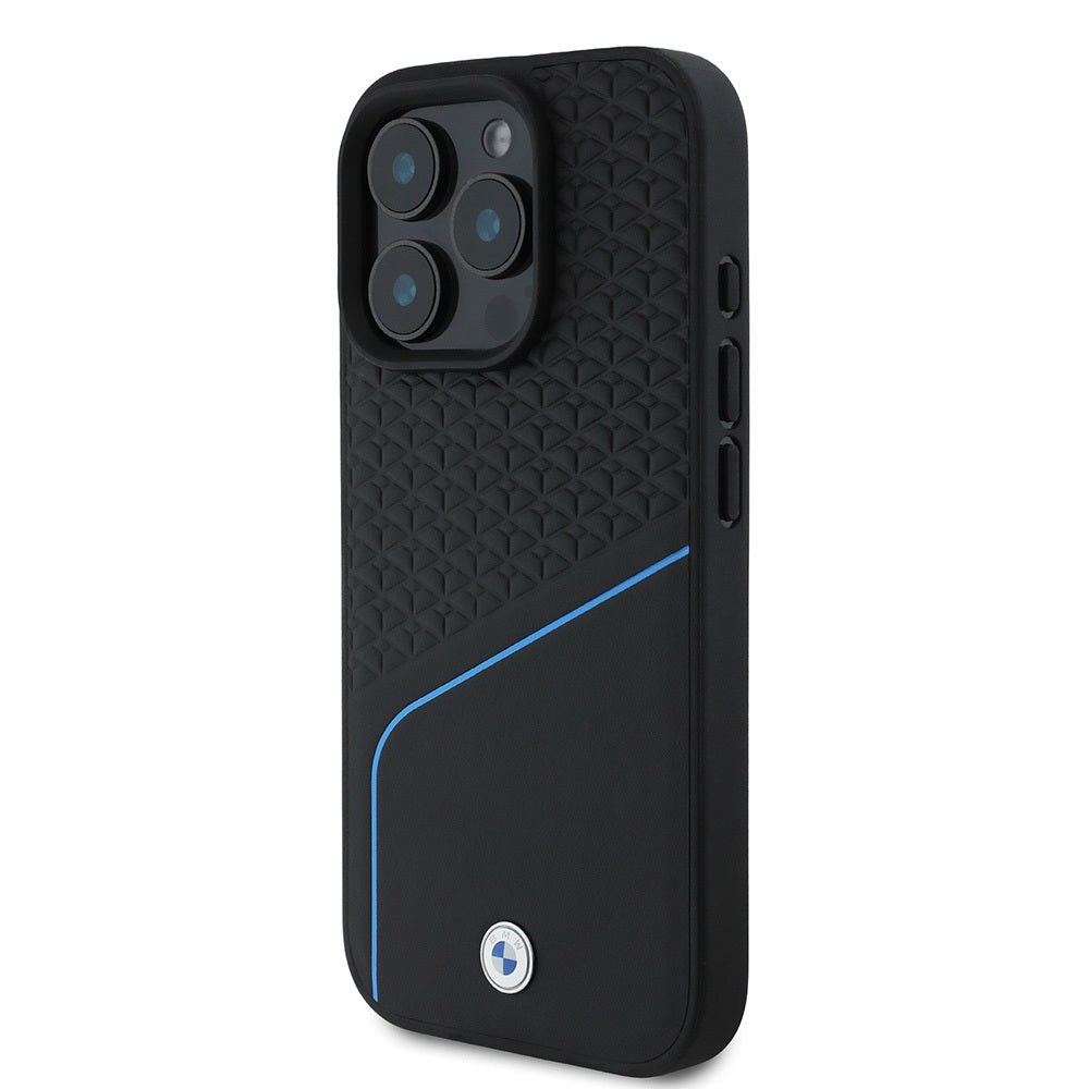 Apple iPhone 16 Pro Kılıf BMW Orjinal Lisanslı Magsafe Şarj Özellikli Metal Logolu Dokulu ve Çizgili Deri Kapak Siyah