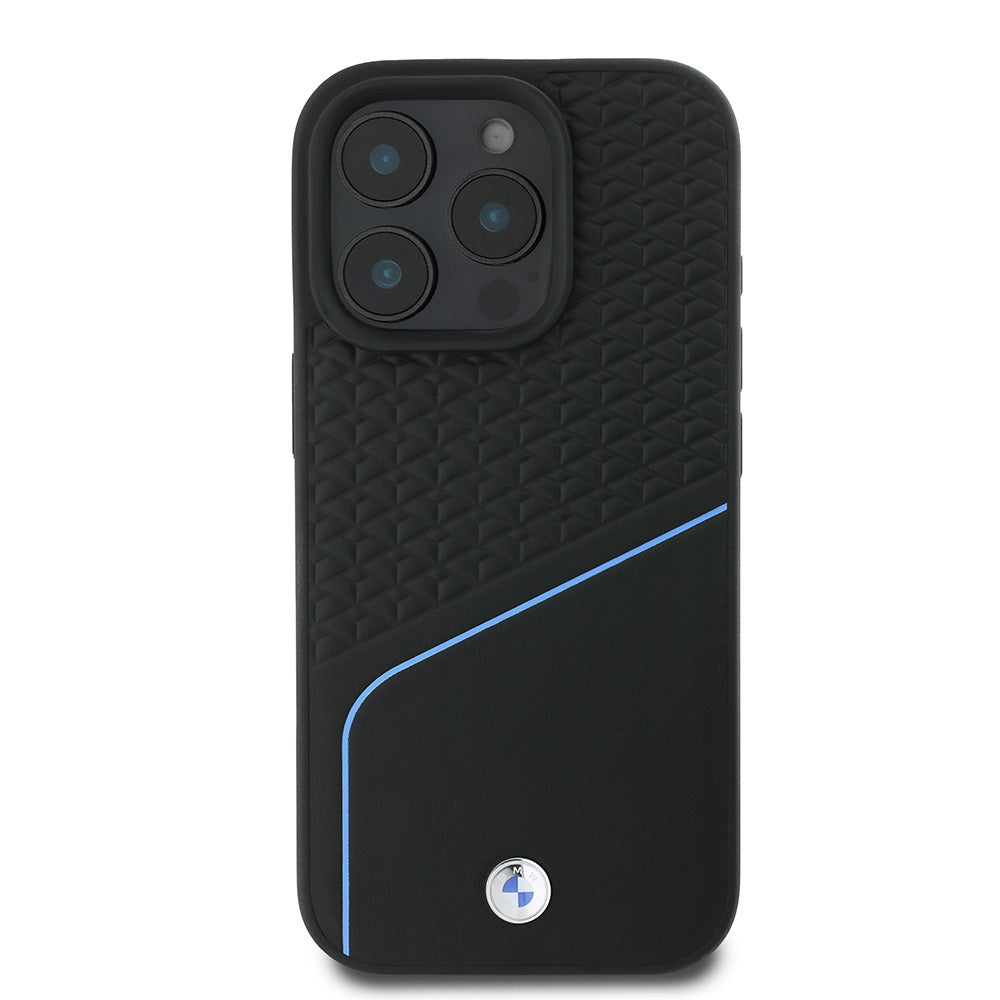 Apple iPhone 16 Pro Kılıf BMW Orjinal Lisanslı Magsafe Şarj Özellikli Metal Logolu Dokulu ve Çizgili Deri Kapak Siyah