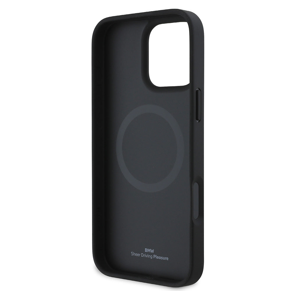 Apple iPhone 16 Pro Kılıf BMW Orjinal Lisanslı Magsafe Şarj Özellikli Metal Logolu Dokulu ve Çizgili Deri Kapak Gri