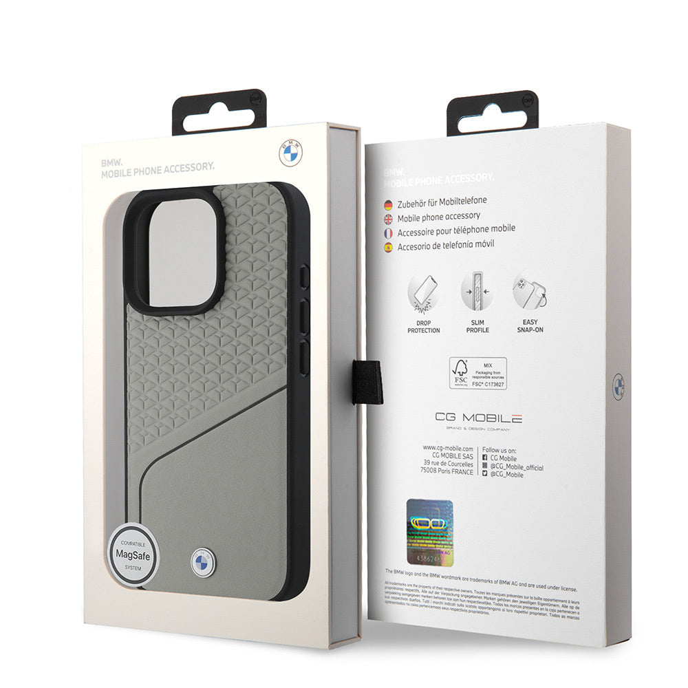 Apple iPhone 16 Pro Kılıf BMW Orjinal Lisanslı Magsafe Şarj Özellikli Metal Logolu Dokulu ve Çizgili Deri Kapak Gri