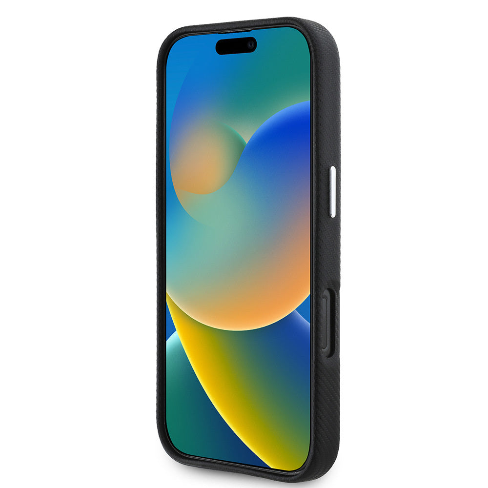 Apple iPhone 16 Pro Kılıf BMW Orjinal Lisanslı Tam Sarılmış Kevlar Tasarımlı Metal Logo Suni Deri Kapak Siyah