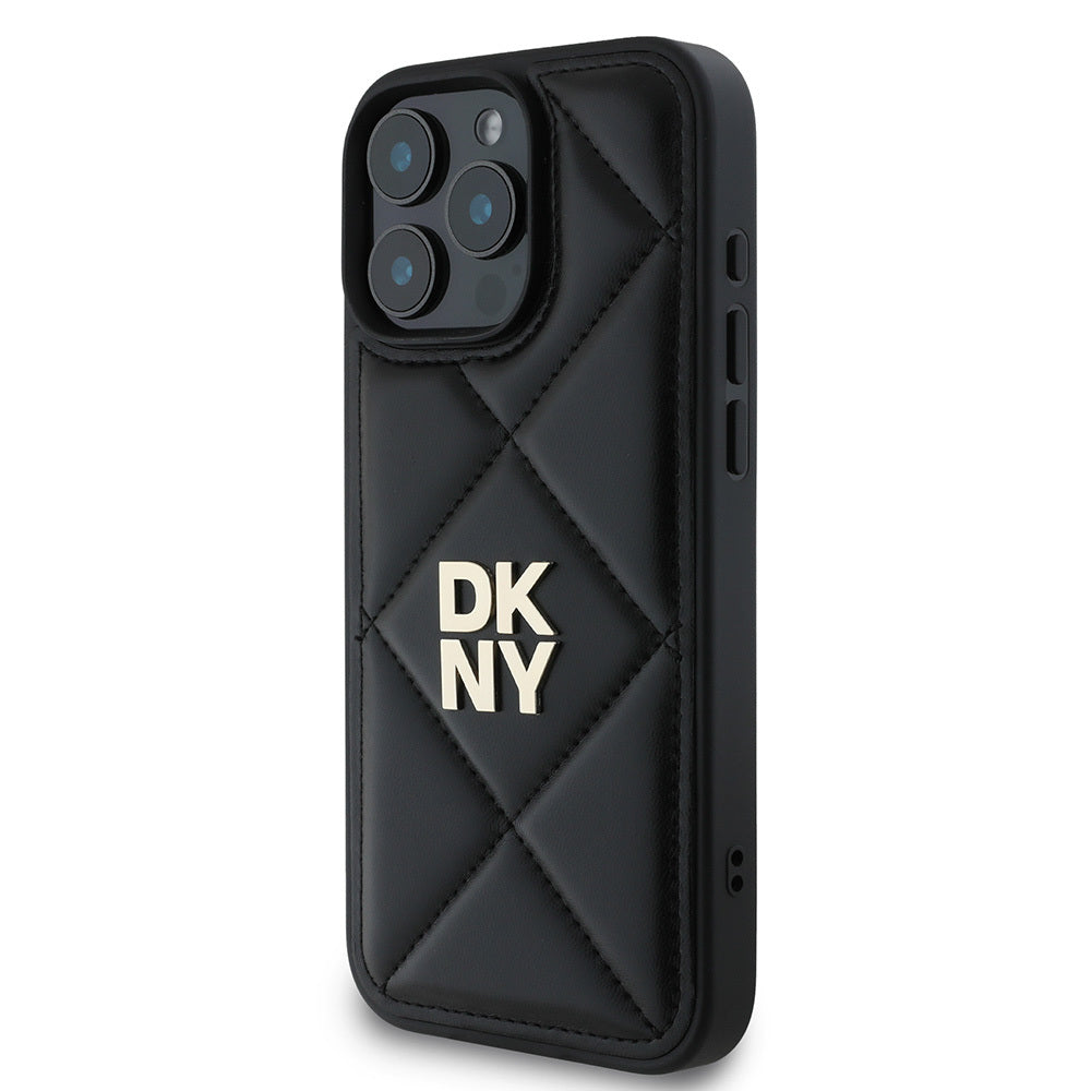 Apple iPhone 16 Pro Kılıf DKNY Orjinal Lisanslı Kapitone Tasarımlı Metal Logolu Deri Kapak Siyah
