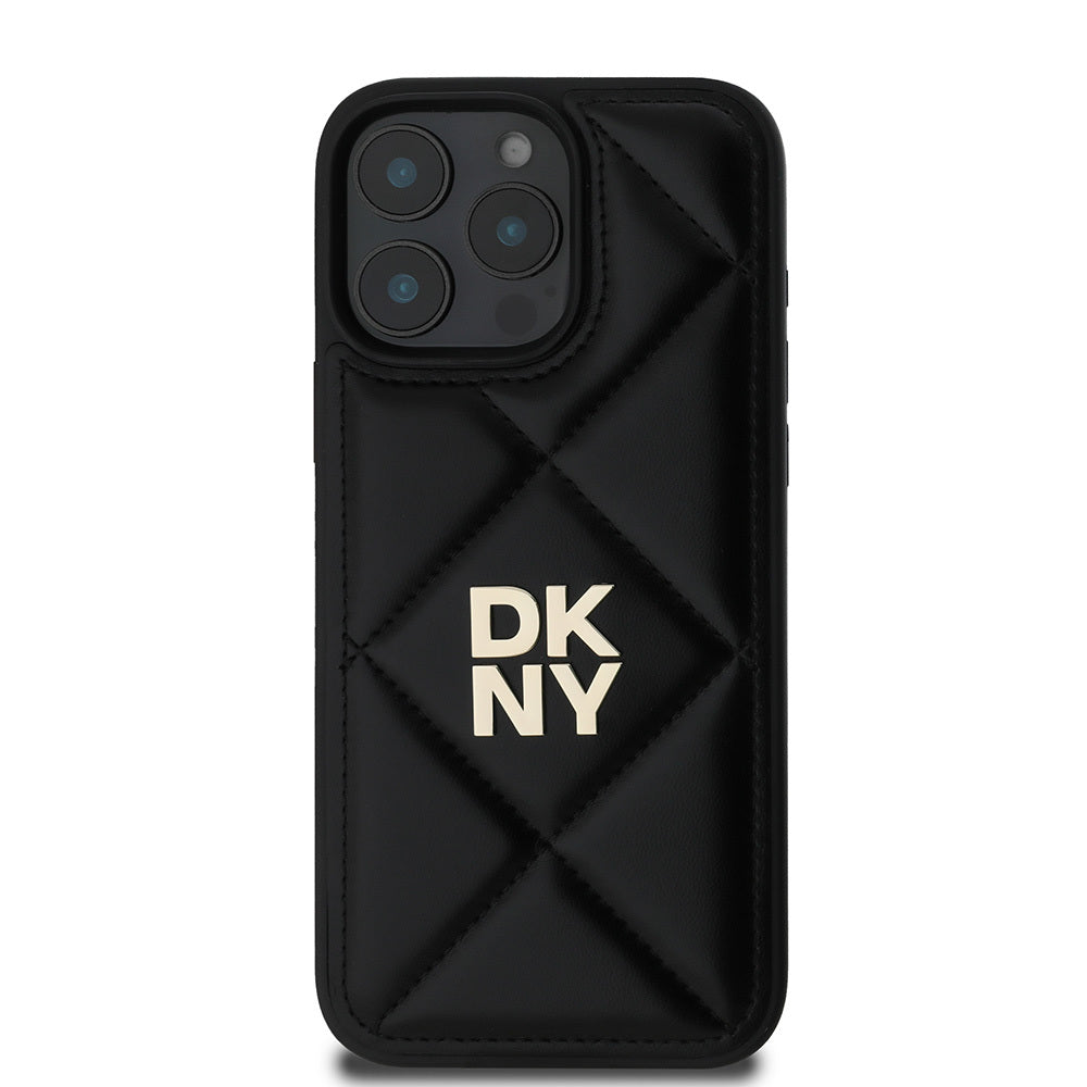 Apple iPhone 16 Pro Kılıf DKNY Orjinal Lisanslı Kapitone Tasarımlı Metal Logolu Deri Kapak Bej