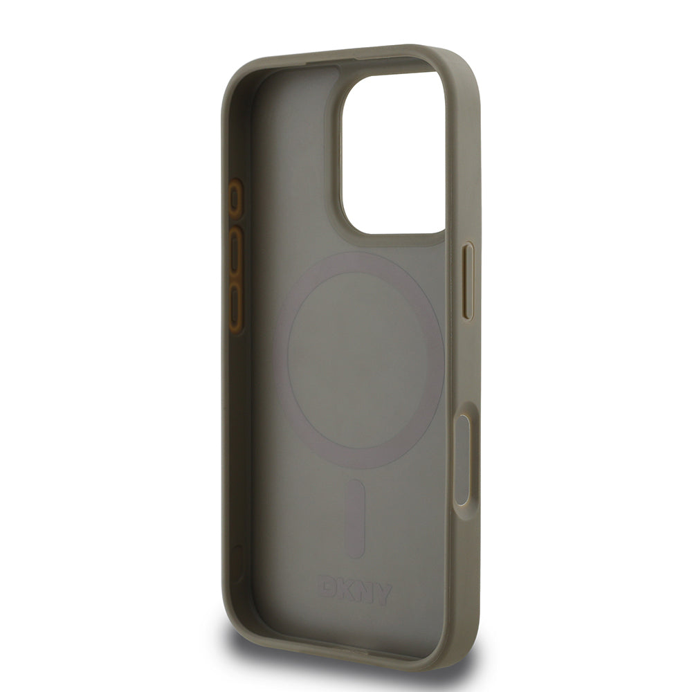 Apple iPhone 16 Pro Kılıf DKNY Orjinal Lisanslı M-safe Şarj Özellikli 3D Yazılı Grid Pattern Kapak Kahverengi