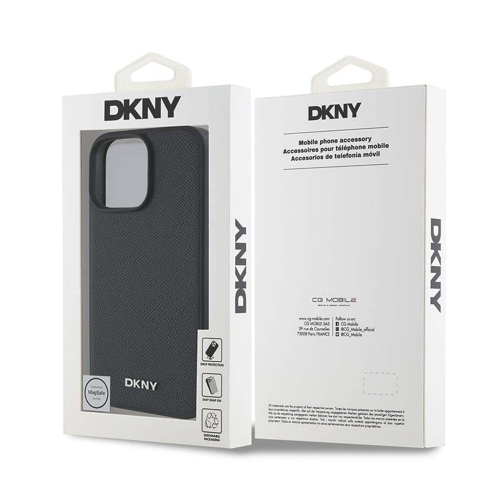 Apple iPhone 16 Pro Kılıf DKNY Orjinal Lisanslı Magsafe Şarj Özellikli Metal Logolu PU Deri Grained Kapak Siyah