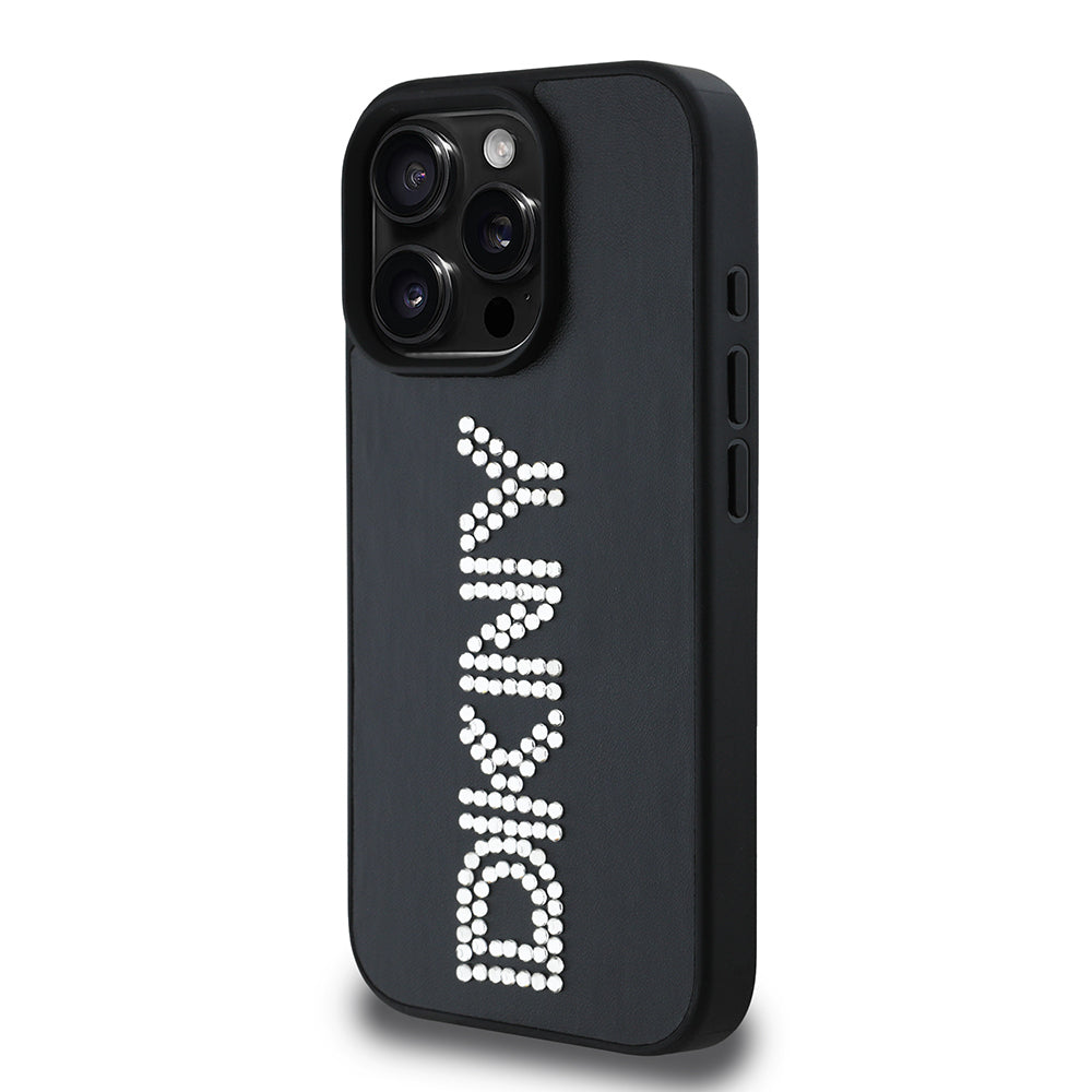 Apple iPhone 16 Pro Kılıf DKNY Orjinal Lisanslı Taşlı DKNY Yazılı Metalik Rhinestones PU Deri Kapak Siyah