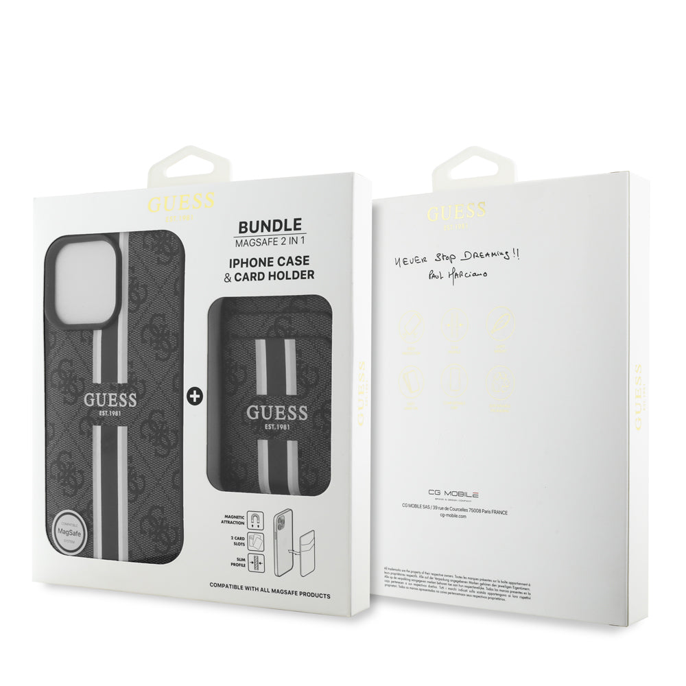 Apple iPhone 16 Pro Kılıf Guess Orjinal Lisanslı Magsafe Şarj Özellikli 4G Desenli Çizgili Kartlıklı Kapak Siyah