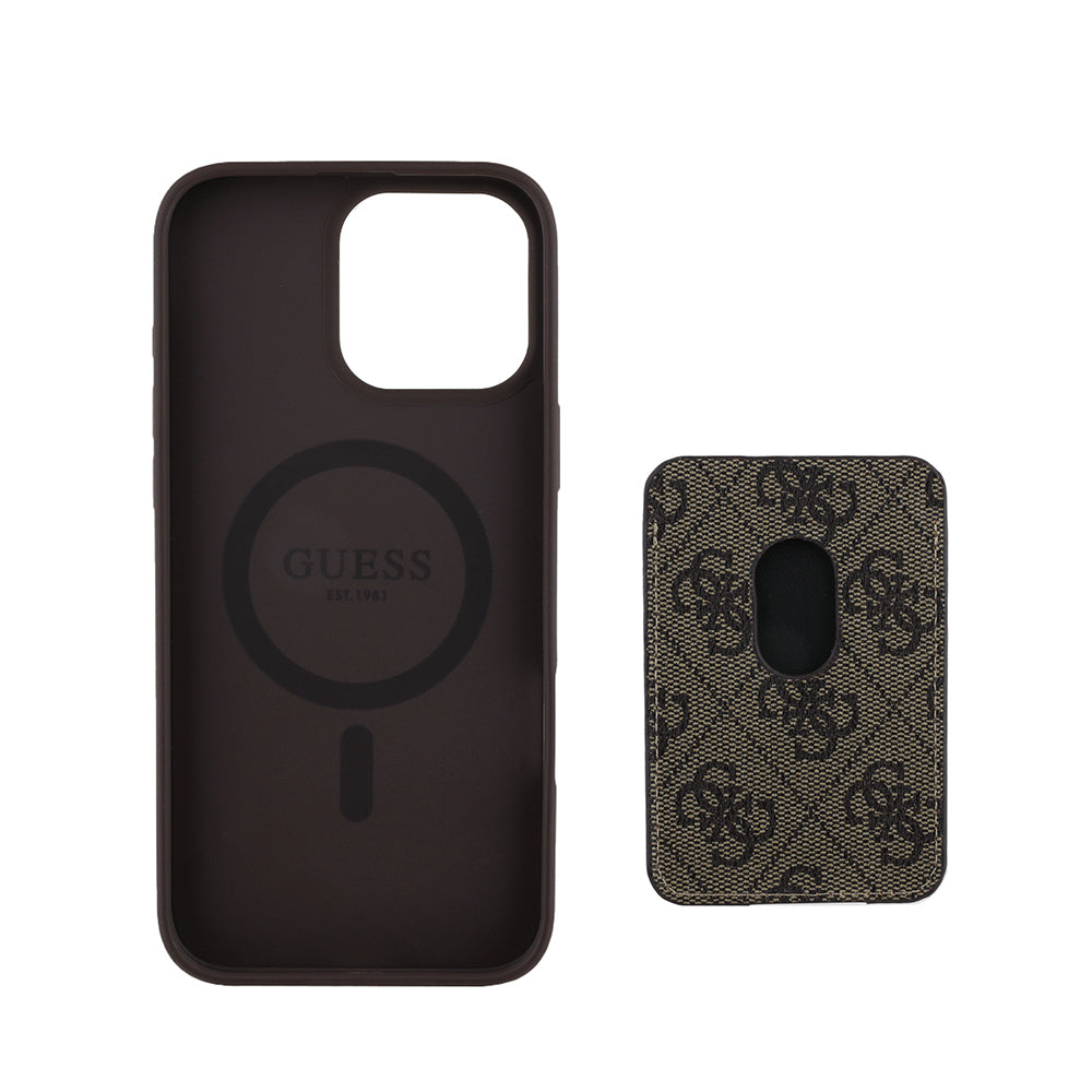 Apple iPhone 16 Pro Kılıf Guess Orjinal Lisanslı Magsafe Şarj Özellikli 4G Desenli Çizgili Kartlıklı Kapak Kahverengi