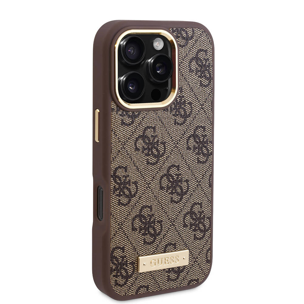 Apple iPhone 16 Pro Kılıf Guess Orjinal Lisanslı Magsafe Şarj Özellikli 4G Desenli PU Metal Plaka Klasik Logolu Kapak Siyah